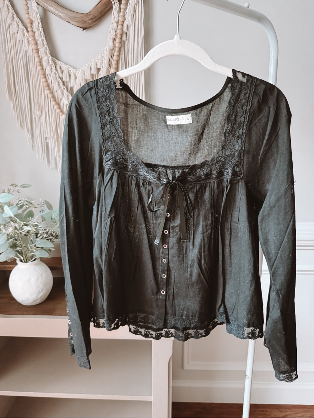 NATURAL LIFE Prettiest Cotton Lace Long Sleeve Blouse - Black